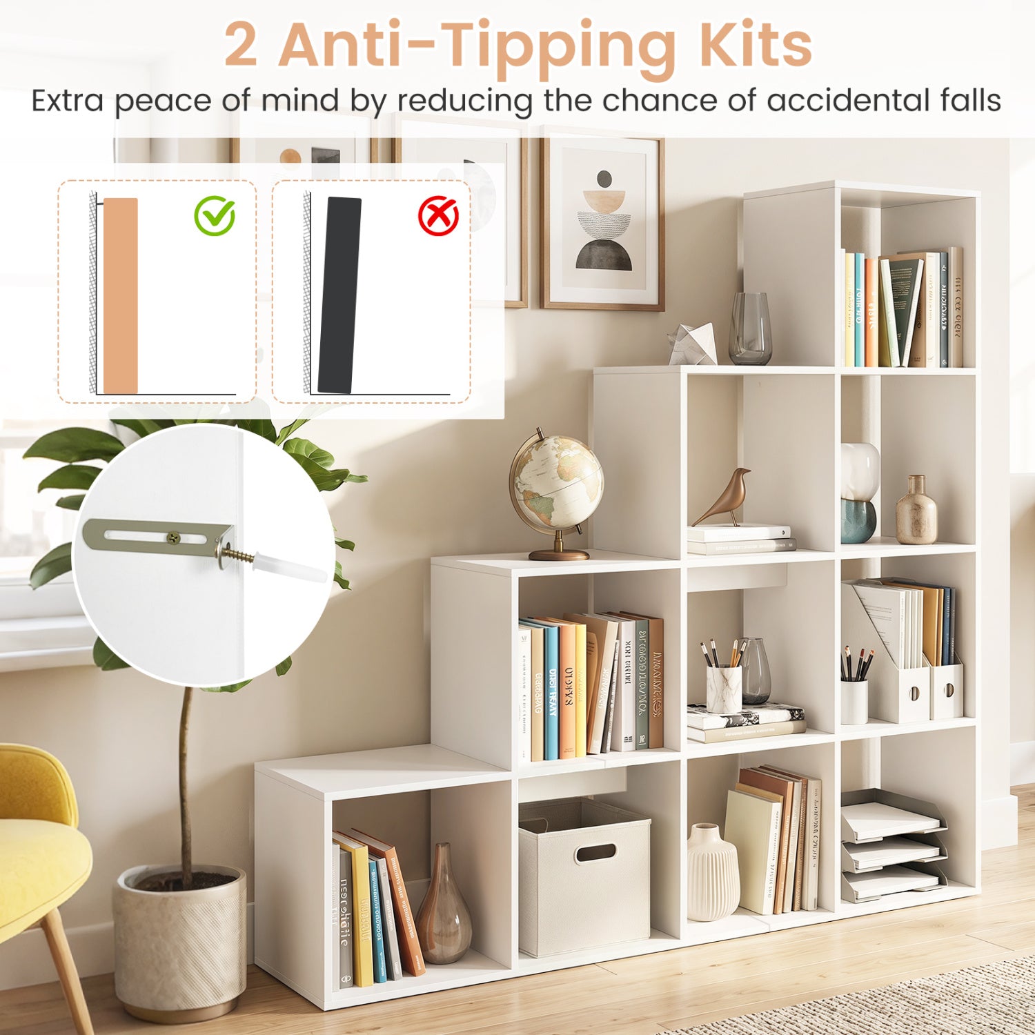 4-Tier Bookshelf with 2 Anti-Tipping Kits for Home Office-White