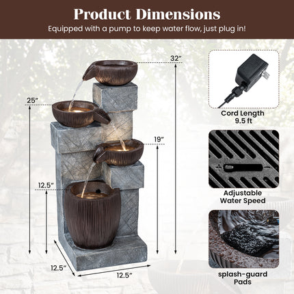 4-Tier Cascading Bowl Outdoor Water Fountain with LED Lights