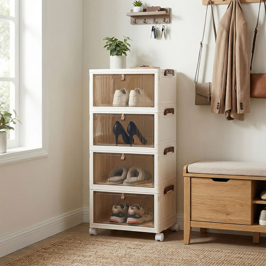 4-Tier Collapsible Shoe Box Lid Doors and Lockable Wheels-White