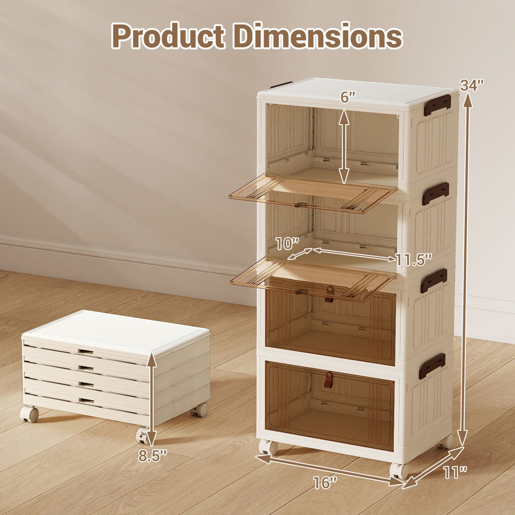 4-Tier Collapsible Shoe Box Lid Doors and Lockable Wheels-White
