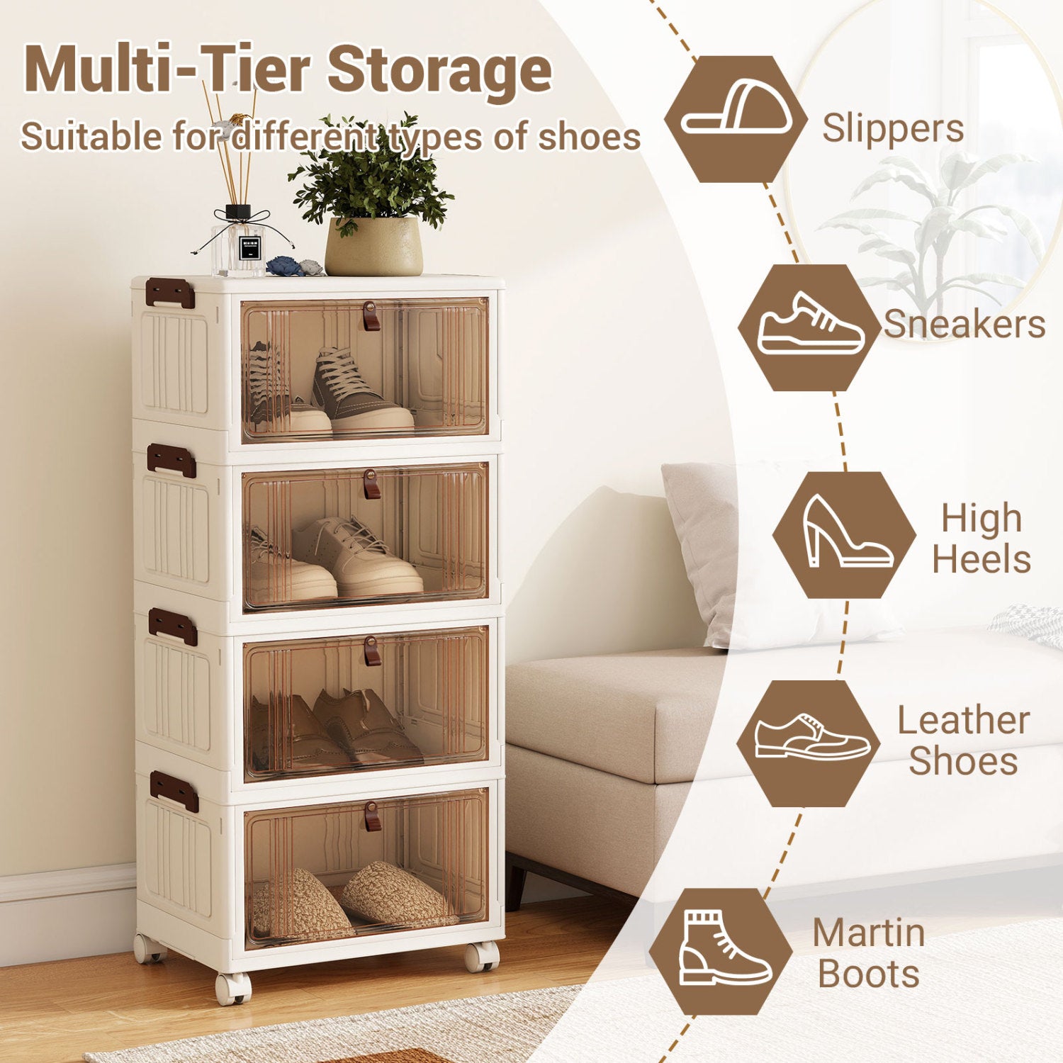 4-Tier Collapsible Shoe Box Lid Doors and Lockable Wheels-White