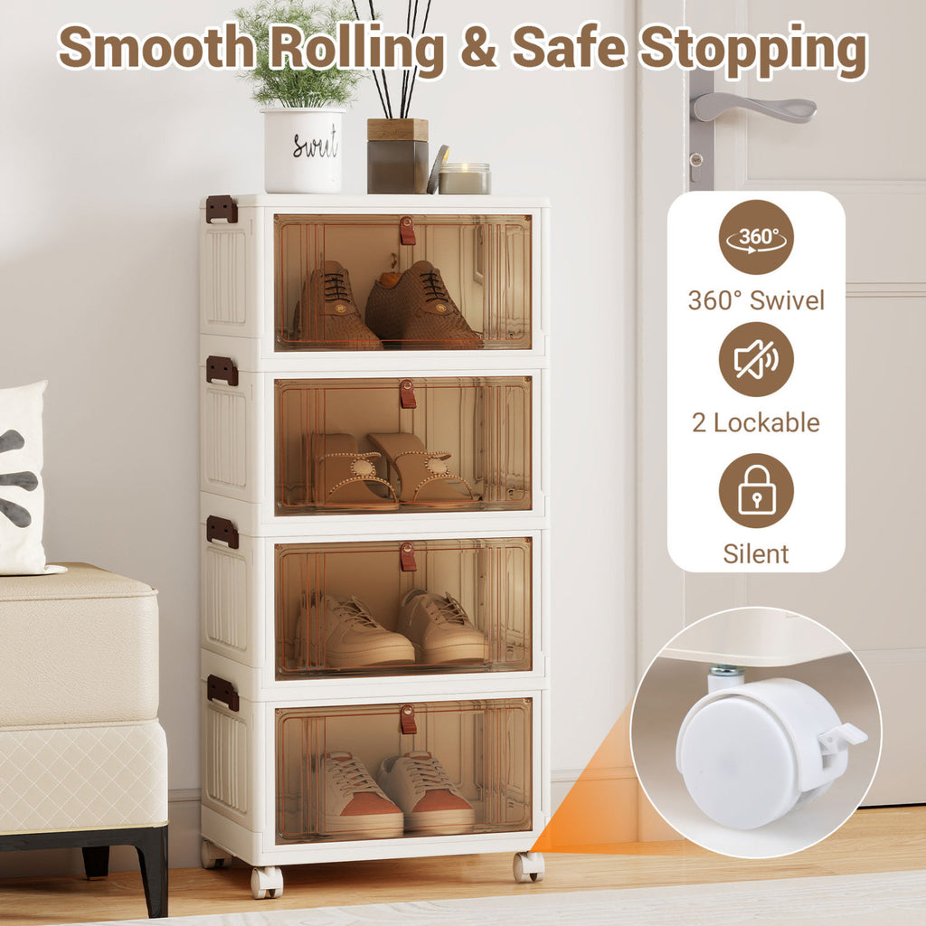 4-Tier Collapsible Shoe Box Lid Doors and Lockable Wheels-White