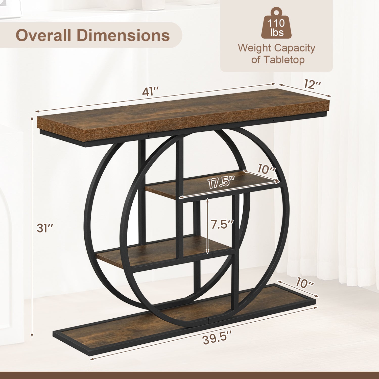 4-Tier Console Table 41 Inches Entryway Table with Storage Shelves-Brown