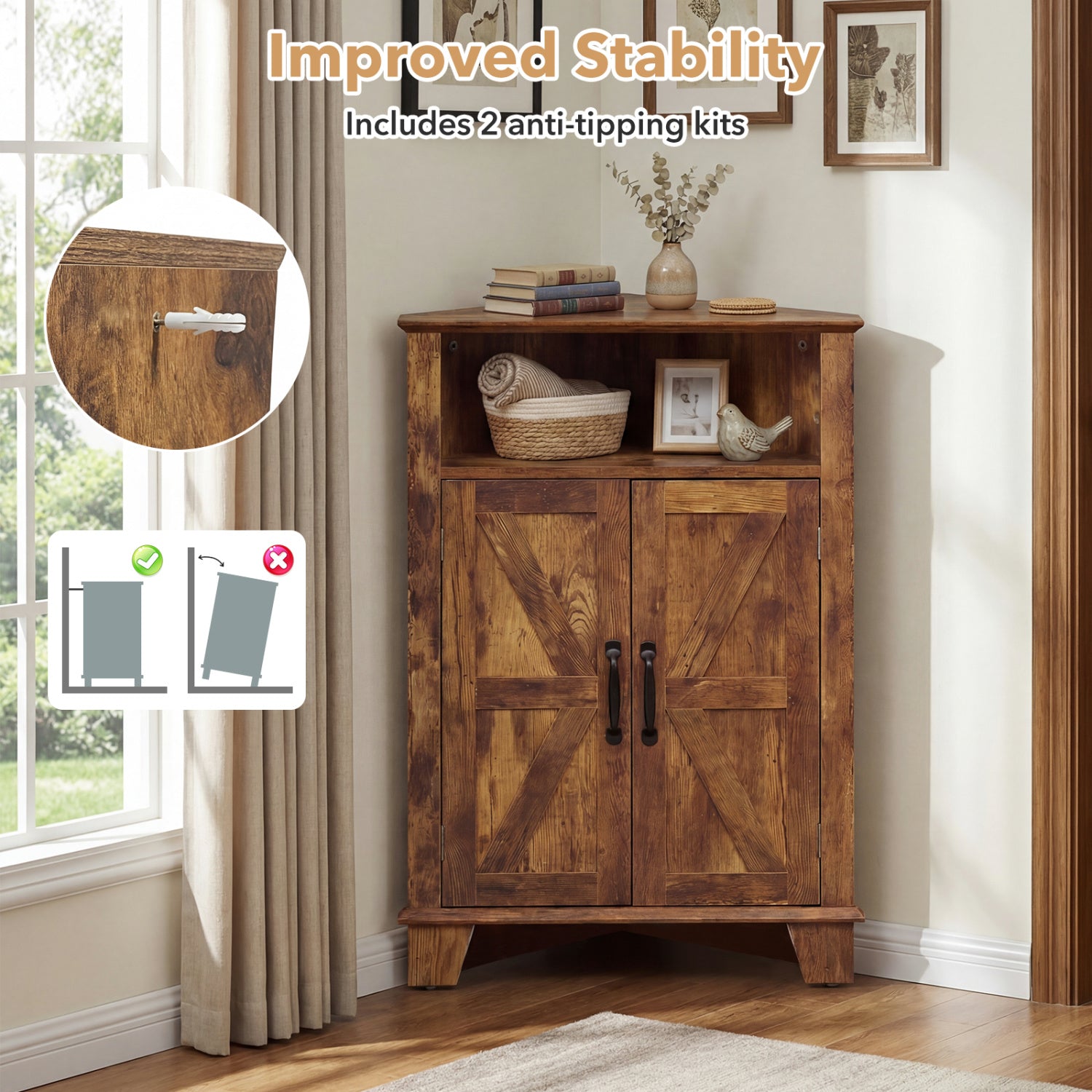 4-Tier Corner Storage Cabinet with Open Shelf-RusticBrown