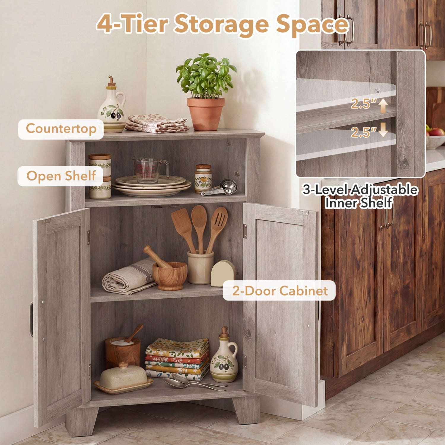 4-Tier Corner Storage Cabinet with Open Shelf-Gray