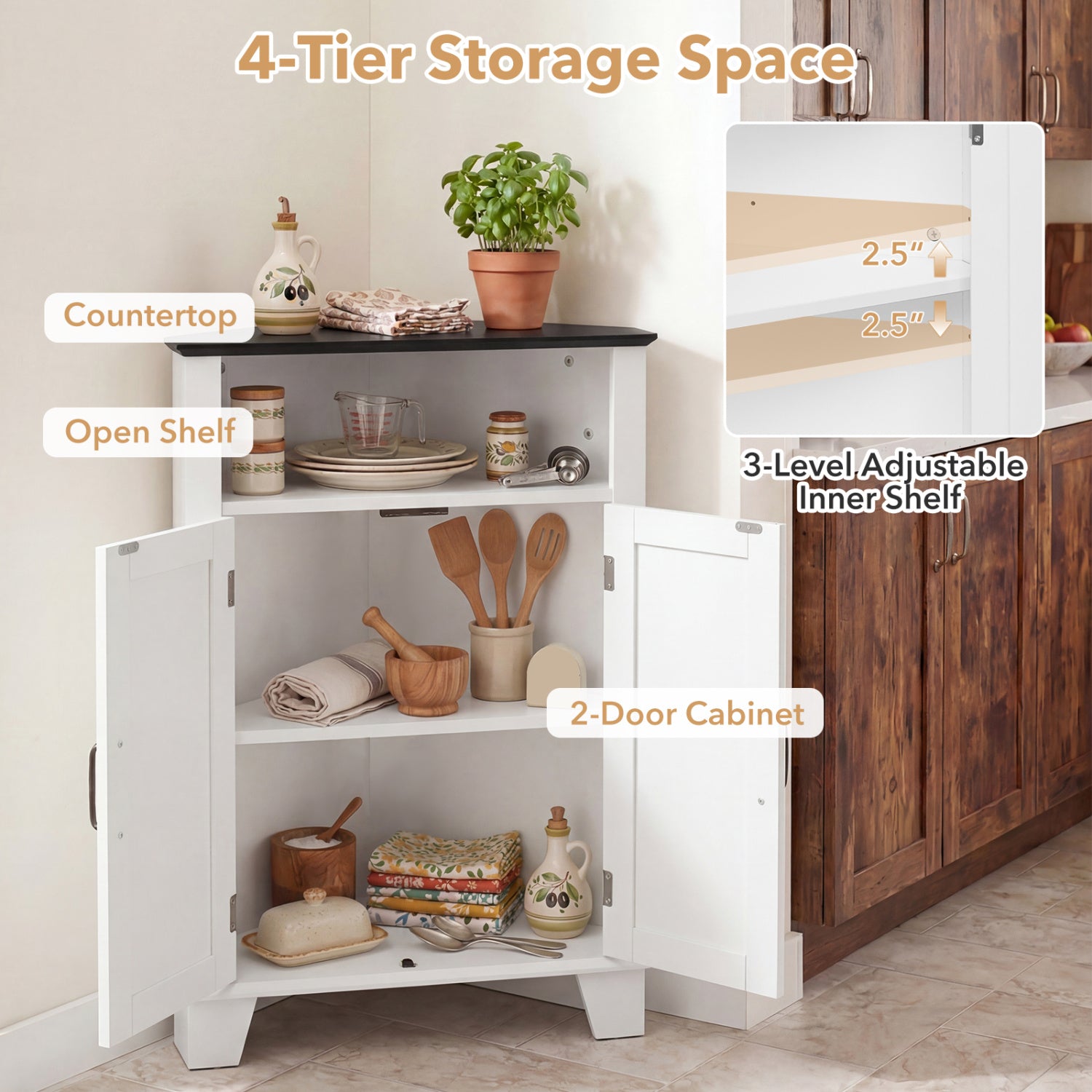 4-Tier Corner Storage Cabinet with Open Shelf-White