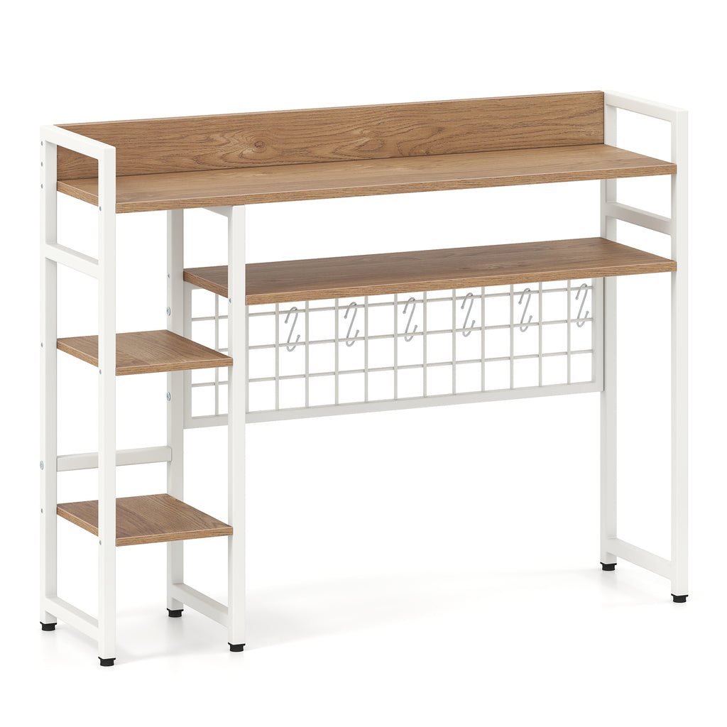 4-Tier Desk Shelf Desktop Display Rack with Metal Grid Panel and 6 Hooks-Natural