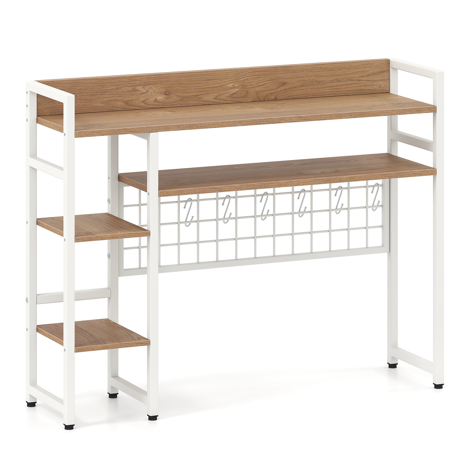 4-Tier Desk Shelf Desktop Display Rack with Metal Grid Panel and 6 Hooks-Natural
