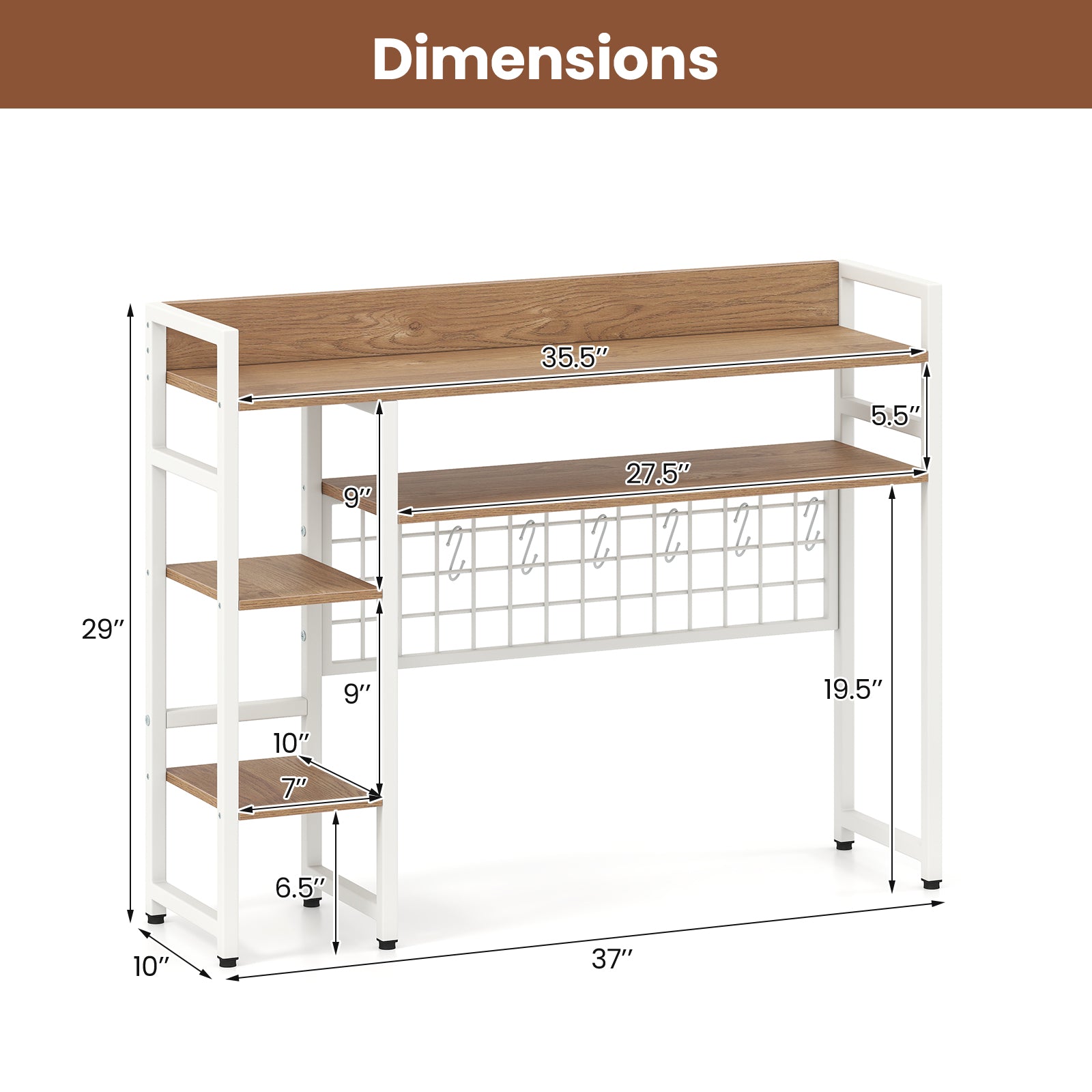 4-Tier Desk Shelf Desktop Display Rack with Metal Grid Panel and 6 Hooks-Natural