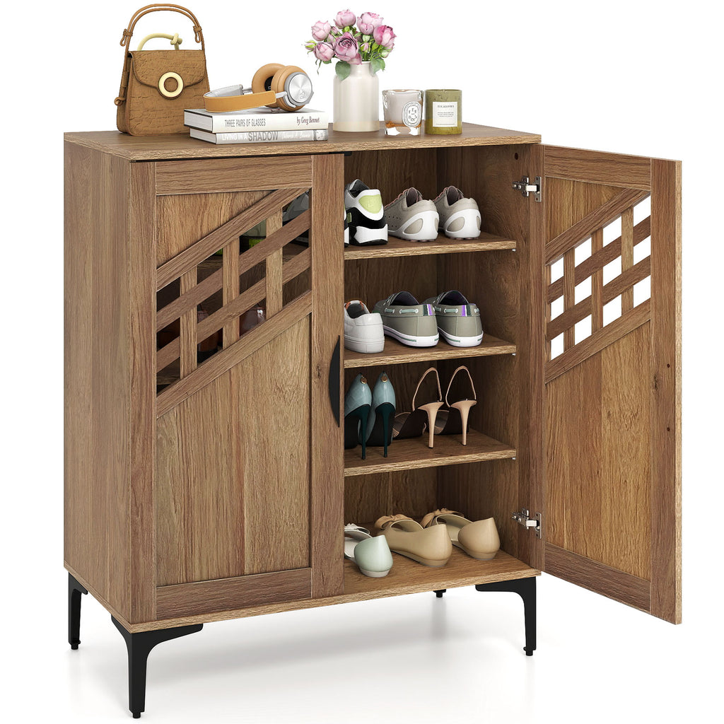 4 Tier Farmhouse Shoe Storage Cabinet with Removable Shelves and Metal Legs-Walnut