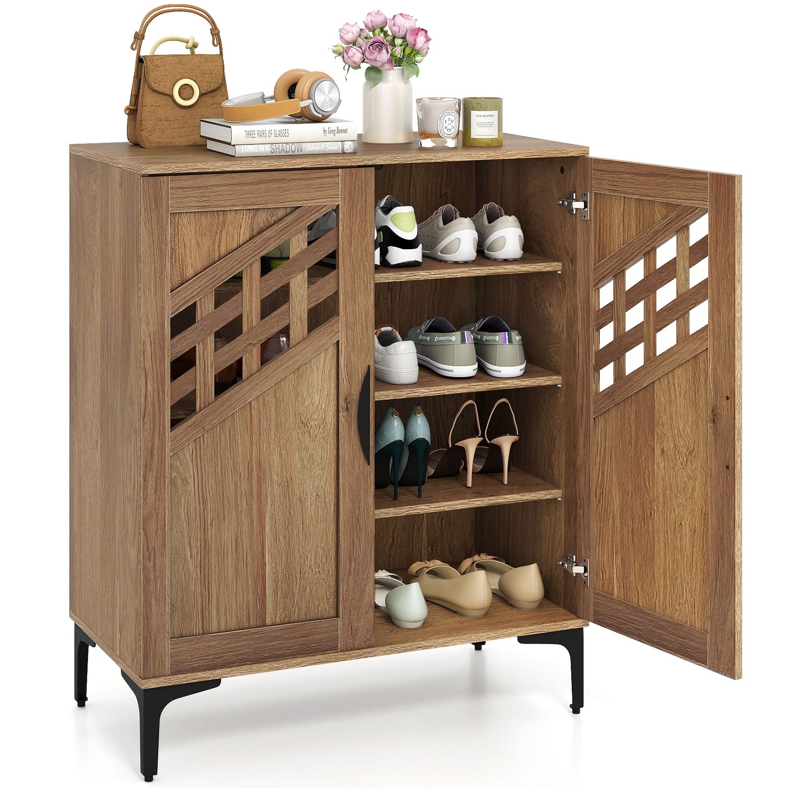 4 Tier Farmhouse Shoe Storage Cabinet with Removable Shelves and Metal Legs-Walnut