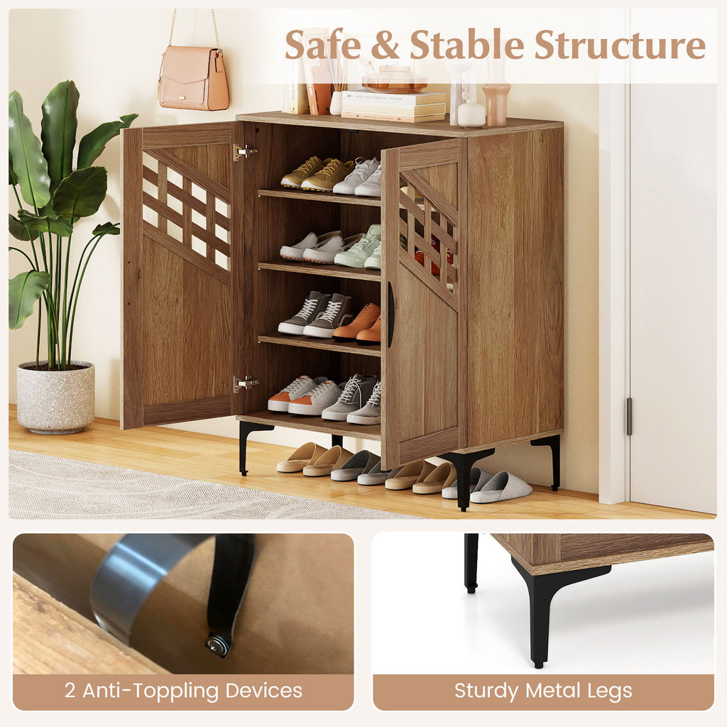 4 Tier Farmhouse Shoe Storage Cabinet with Removable Shelves and Metal Legs-Walnut