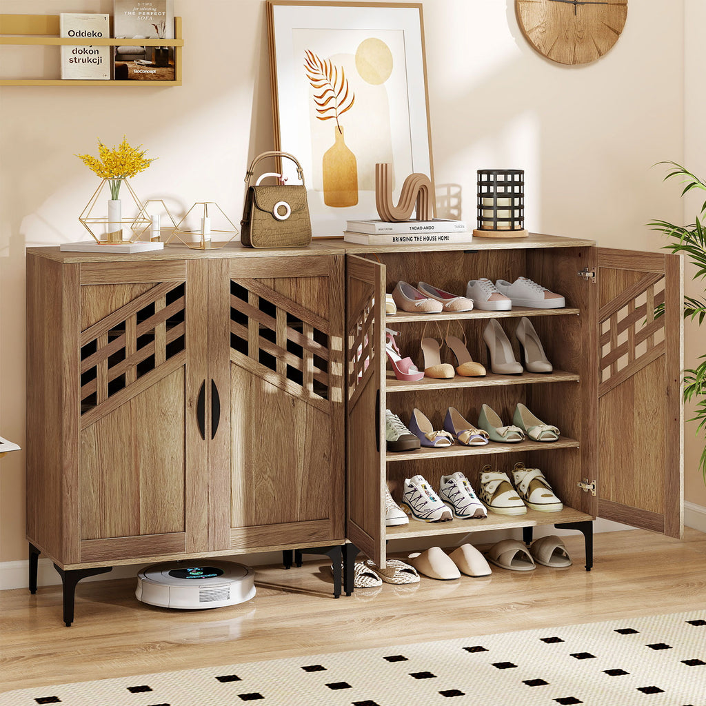 4 Tier Farmhouse Shoe Storage Cabinet with Removable Shelves and Metal Legs-Walnut