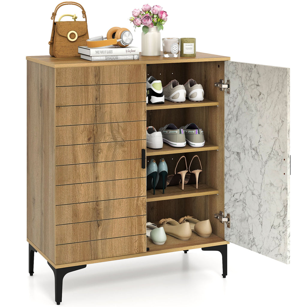 4 Tier Farmhouse Shoe Storage Cabinet with Removable Shelves and Metal Legs-Oak
