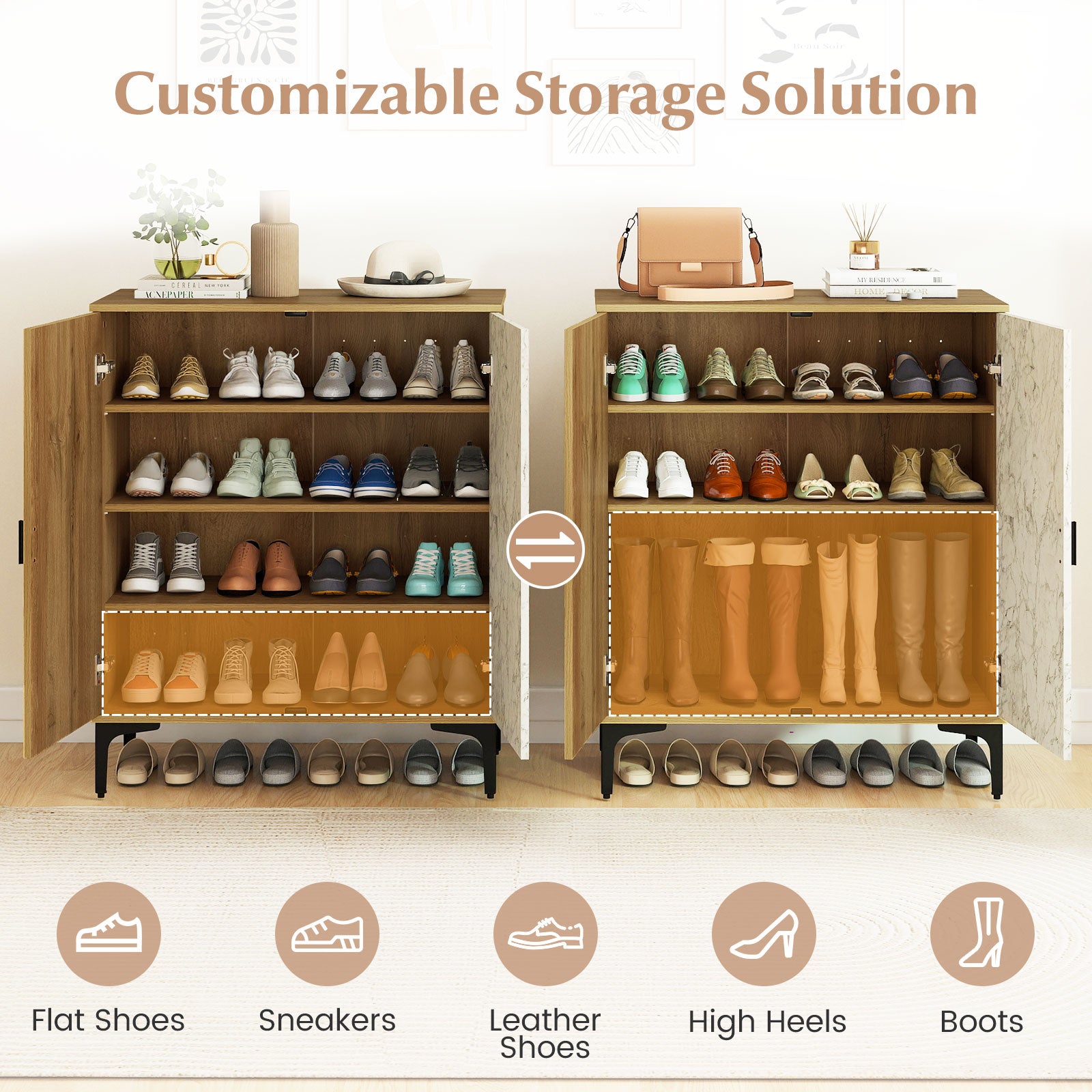 4 Tier Farmhouse Shoe Storage Cabinet with Removable Shelves and Metal Legs-Oak