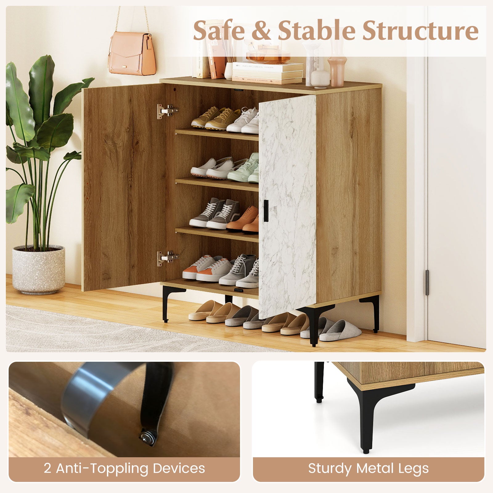 4 Tier Farmhouse Shoe Storage Cabinet with Removable Shelves and Metal Legs-Oak