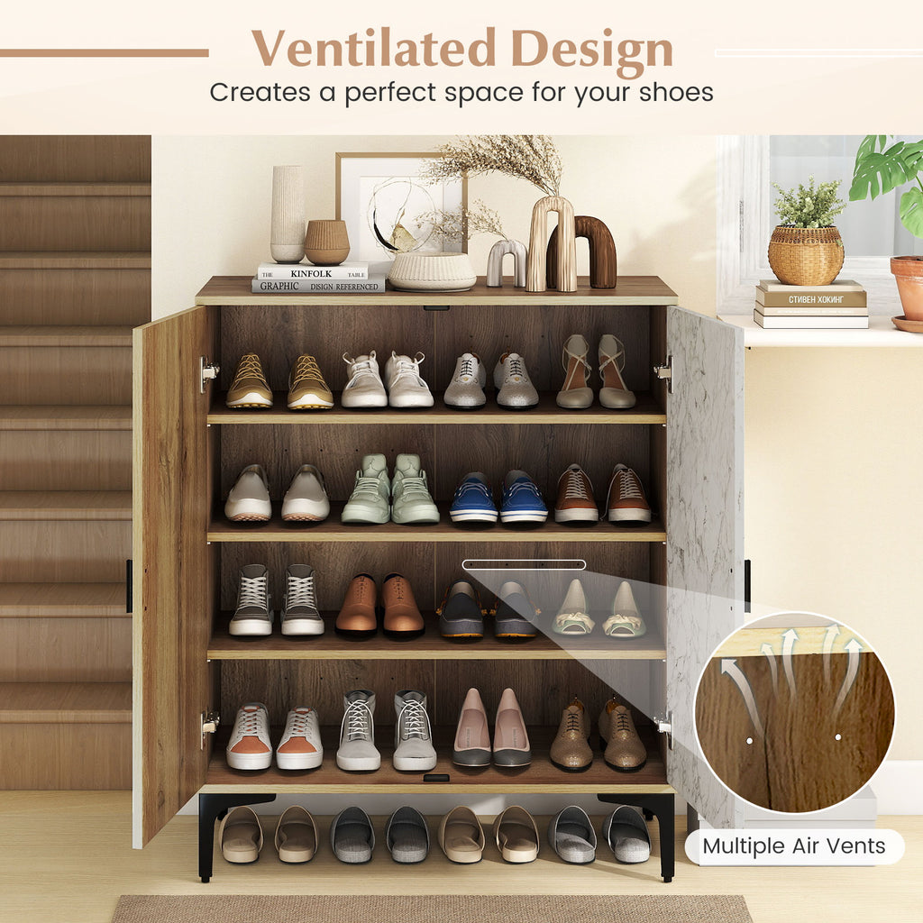 4 Tier Farmhouse Shoe Storage Cabinet with Removable Shelves and Metal Legs-Oak