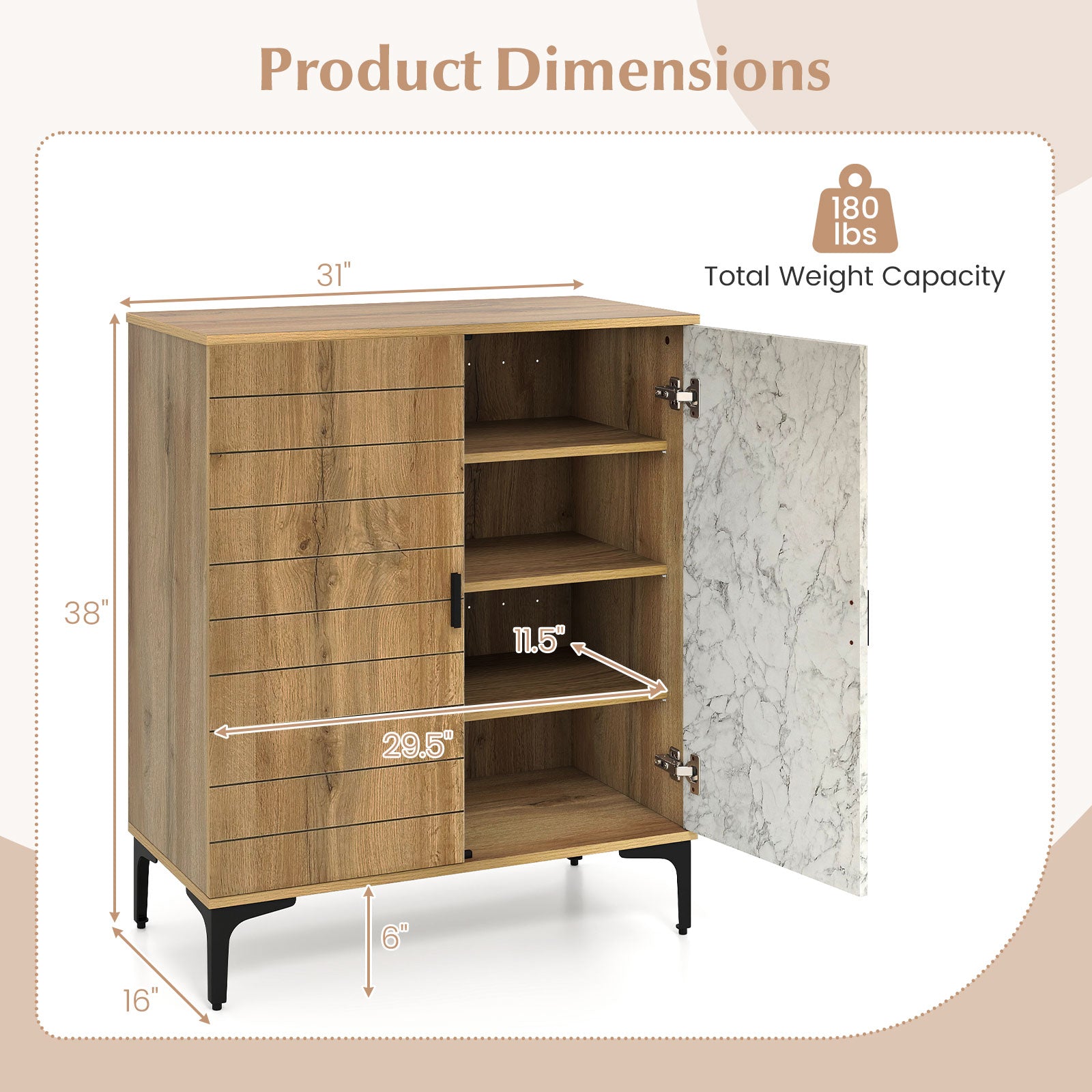 4 Tier Farmhouse Shoe Storage Cabinet with Removable Shelves and Metal Legs-Oak