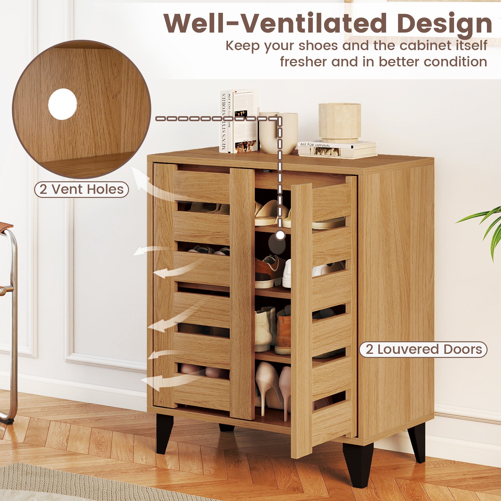 4-Tier Farmhouse Shoe Organizer with Louvered Door-Natural