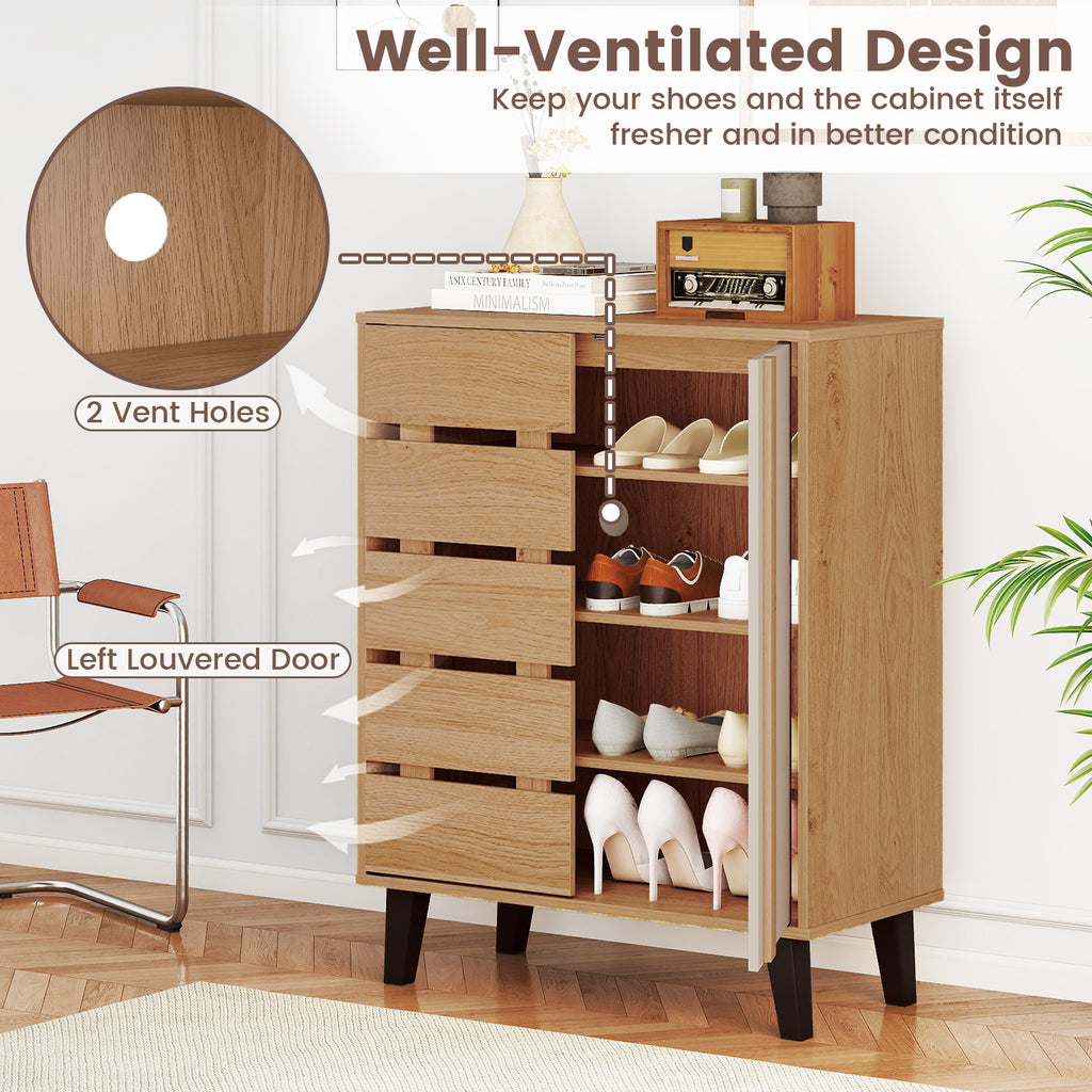 4-Tier Farmhouse Shoe Organizer with Louvered Door-Natural and White