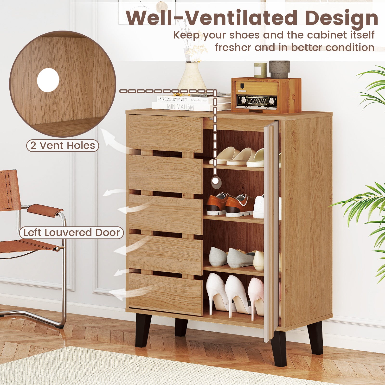 4-Tier Farmhouse Shoe Organizer with Louvered Door-Natural and White
