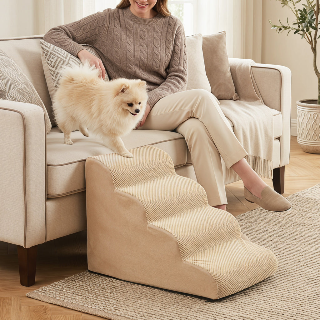 4-Tier Foam Non-Slip Dog Steps with Washable Zippered Cover and Brush-Beige