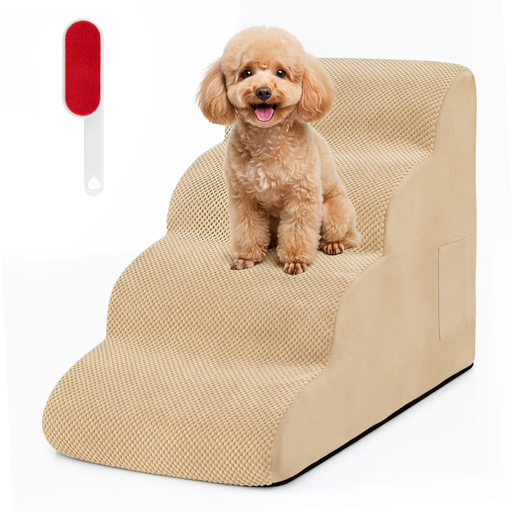 4-Tier Foam Non-Slip Dog Steps with Washable Zippered Cover and Brush-Beige