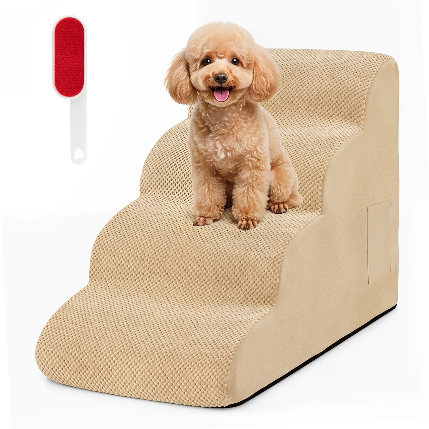 4-Tier Foam Non-Slip Dog Steps with Washable Zippered Cover and Brush-Beige