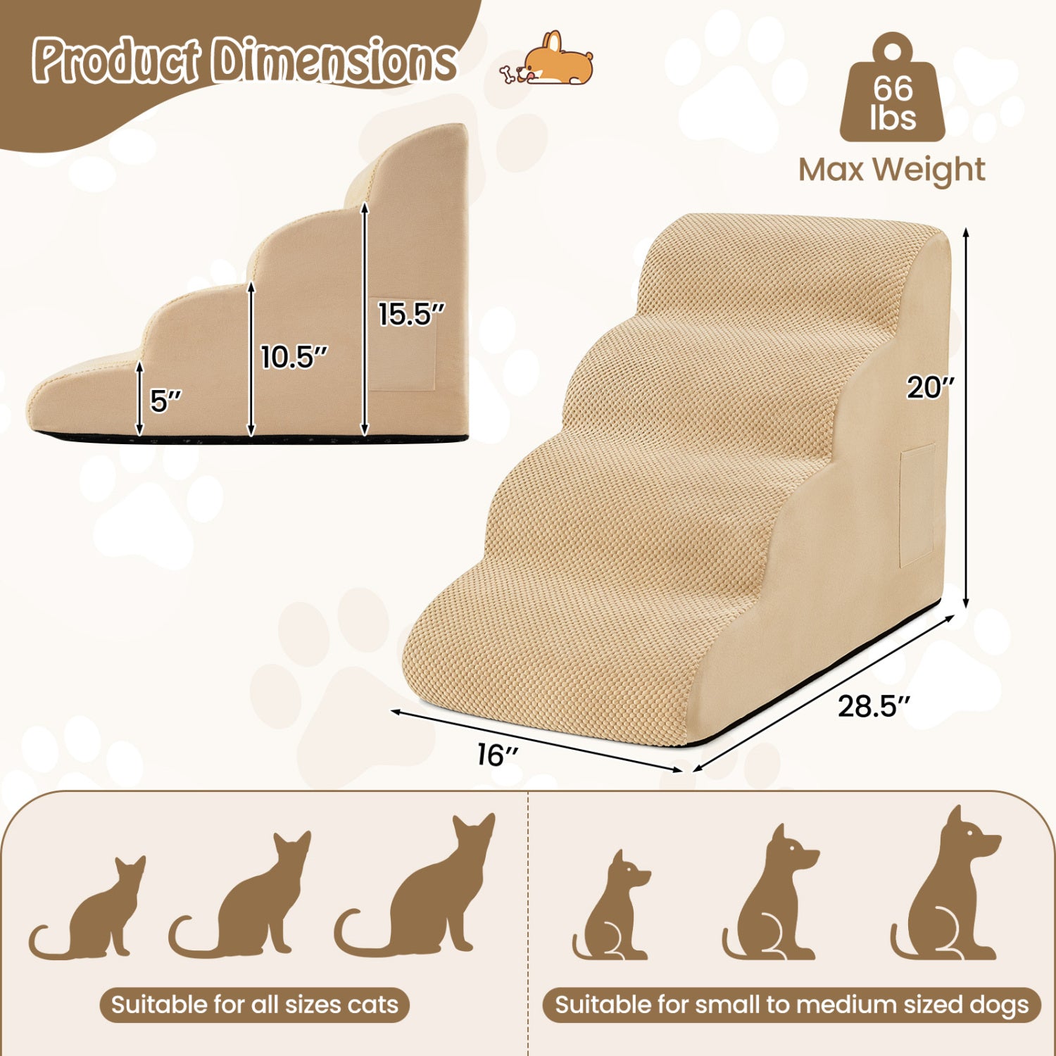 4-Tier Foam Non-Slip Dog Steps with Washable Zippered Cover and Brush-Beige
