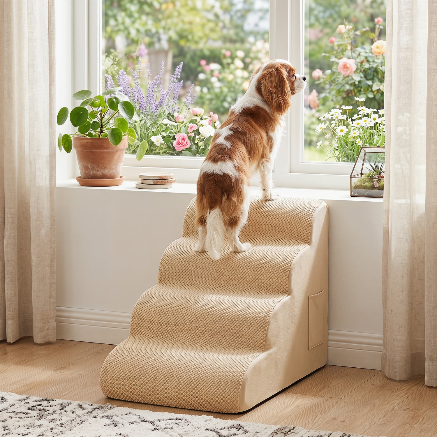 4-Tier Foam Non-Slip Dog Steps with Washable Zippered Cover and Brush-Beige