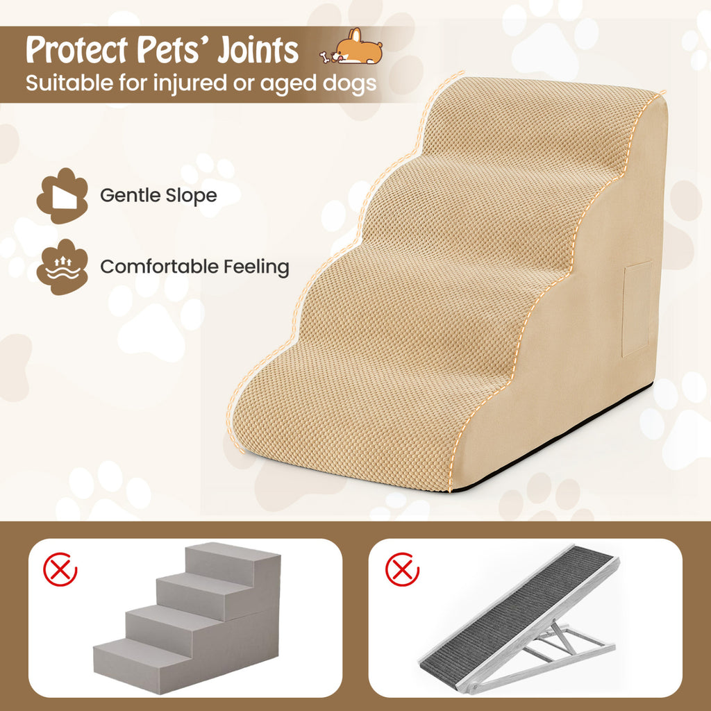 4-Tier Foam Non-Slip Dog Steps with Washable Zippered Cover and Brush-Beige