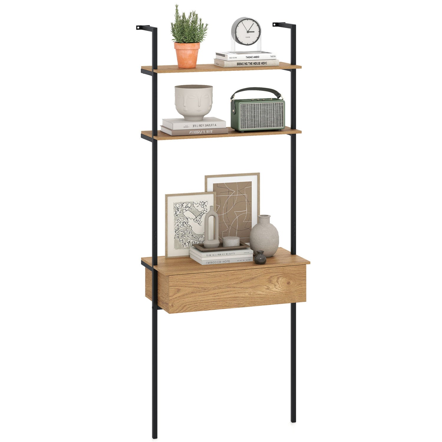 4-Tier Ladder Bookshelf with Drawer and Metal Frame for Living Room-Natural