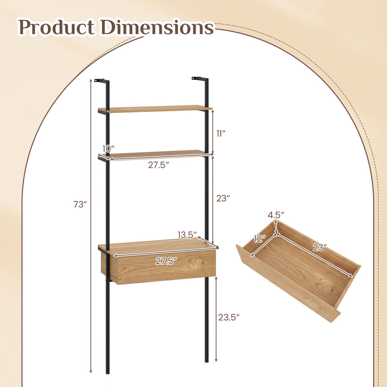 4-Tier Ladder Bookshelf with Drawer and Metal Frame for Living Room-Natural