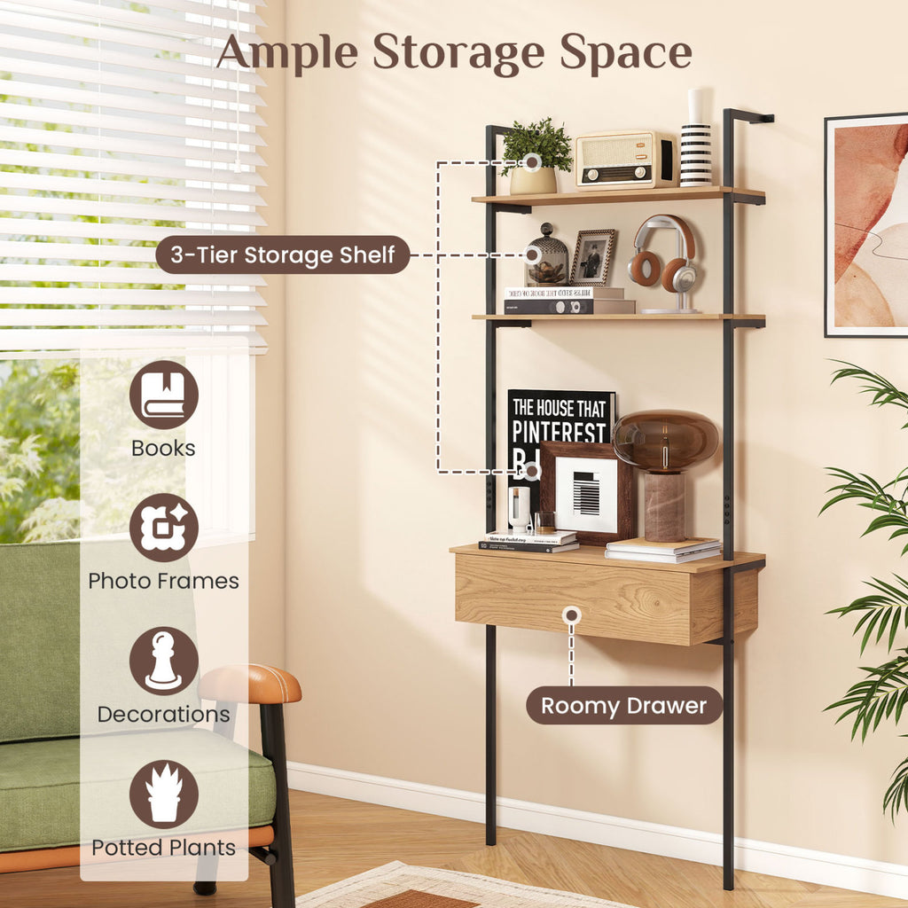 4-Tier Ladder Bookshelf with Drawer and Metal Frame for Living Room-Natural