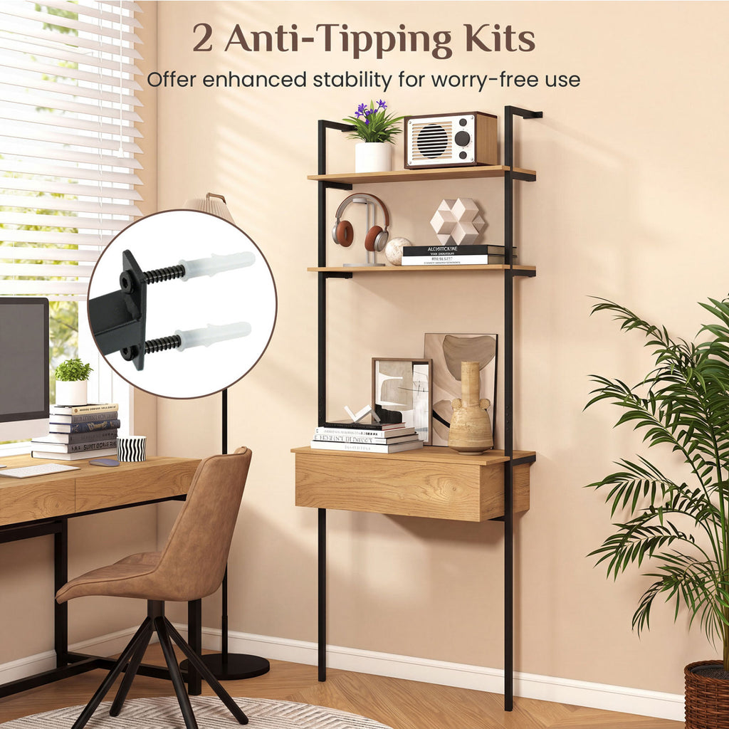4-Tier Ladder Bookshelf with Drawer and Metal Frame for Living Room-Natural