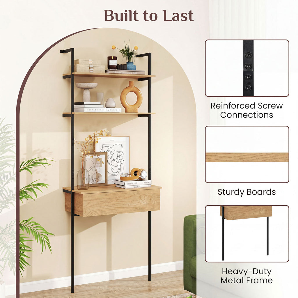 4-Tier Ladder Bookshelf with Drawer and Metal Frame for Living Room-Natural