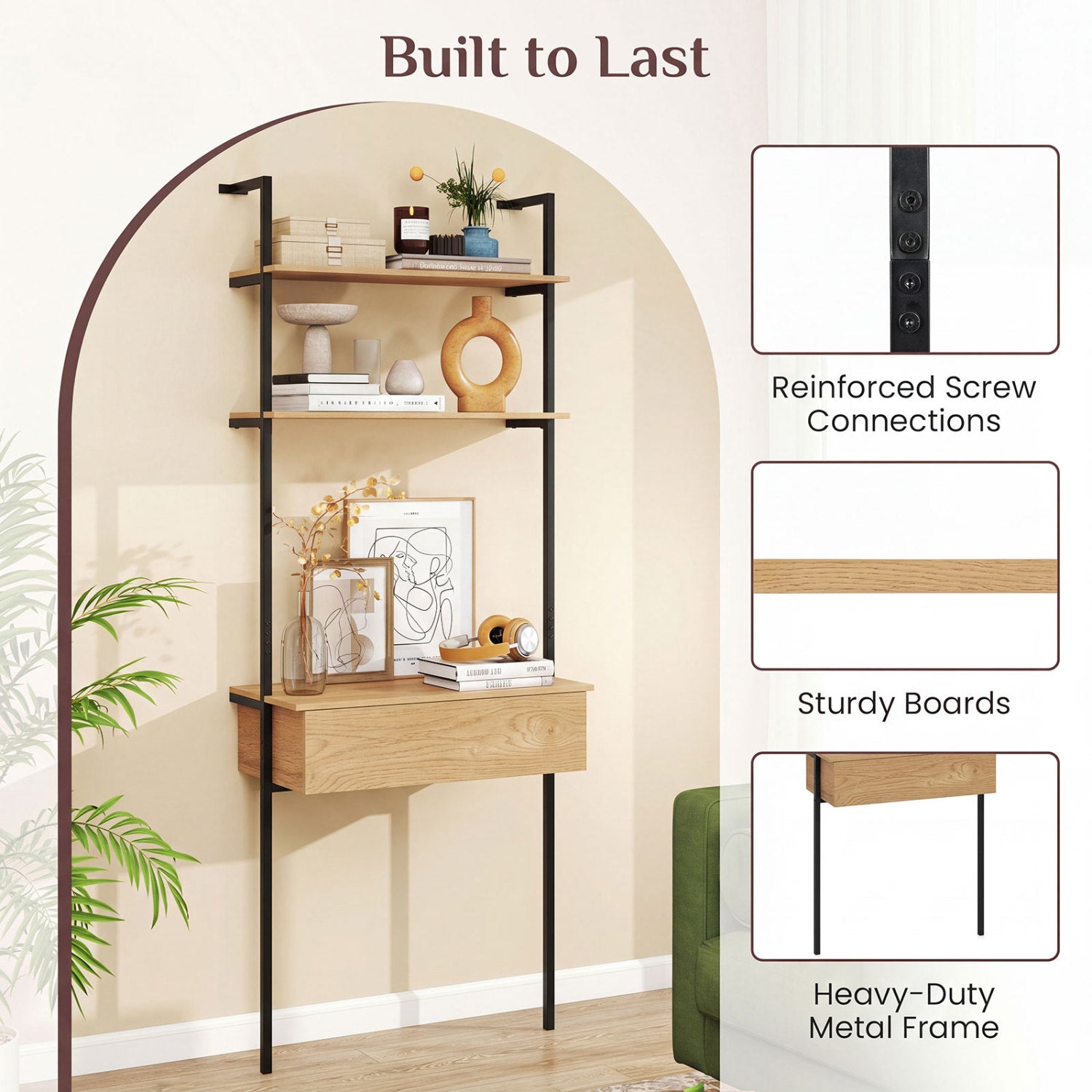 4-Tier Ladder Bookshelf with Drawer and Metal Frame for Living Room-Natural