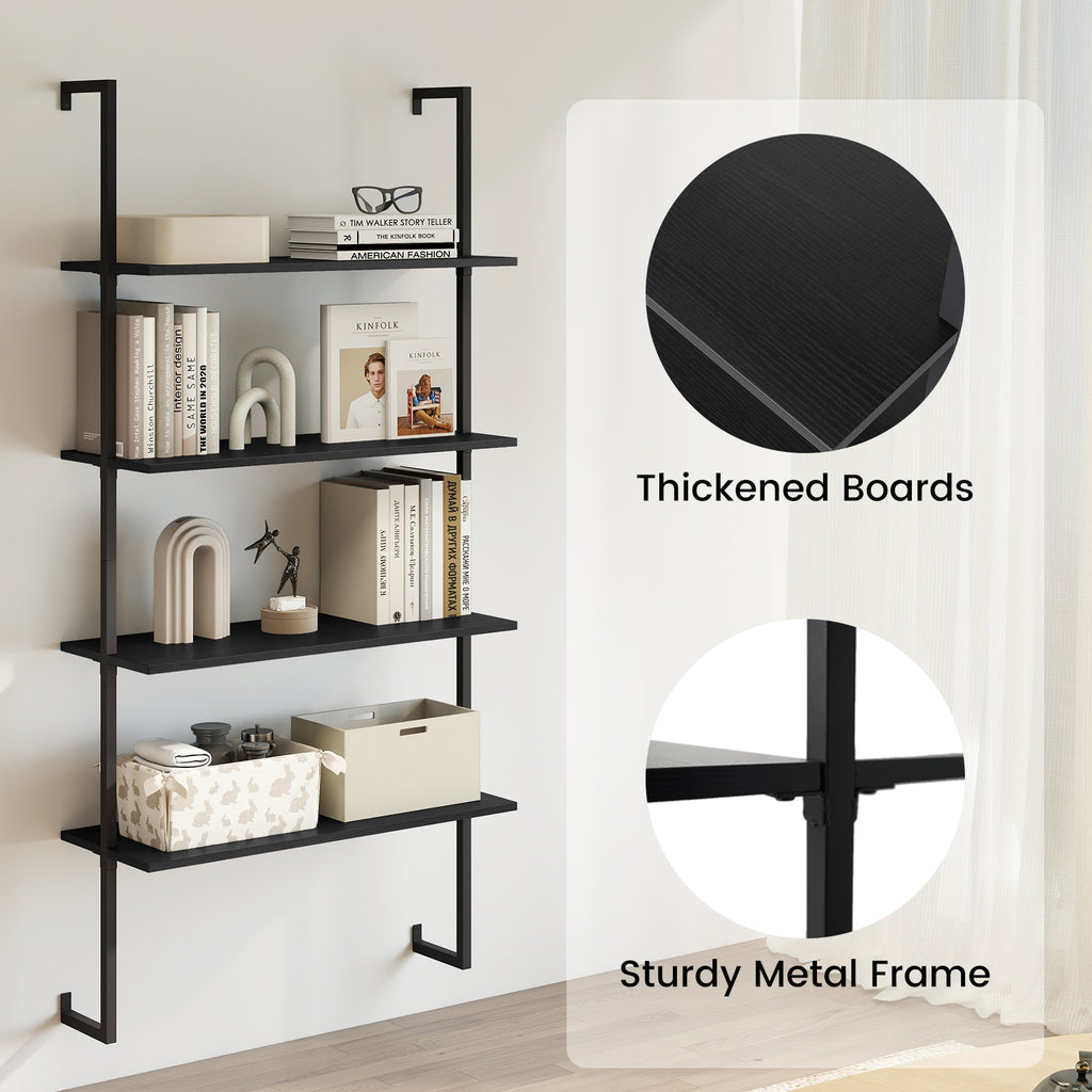 4-Tier Ladder Shelf Open Wall Mounted Bookcase with Wooden Boards and Metal Frame-Black