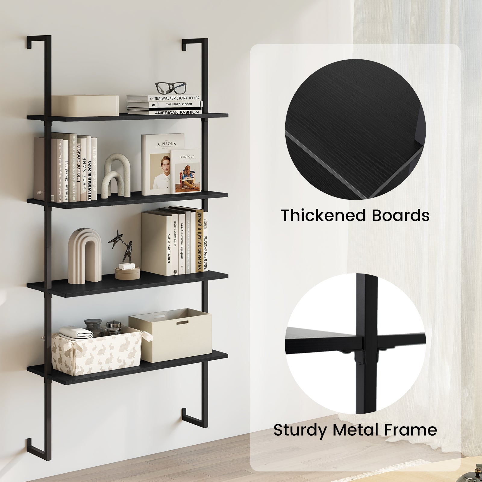 4-Tier Ladder Shelf Open Wall Mounted Bookcase with Wooden Boards and Metal Frame-Black