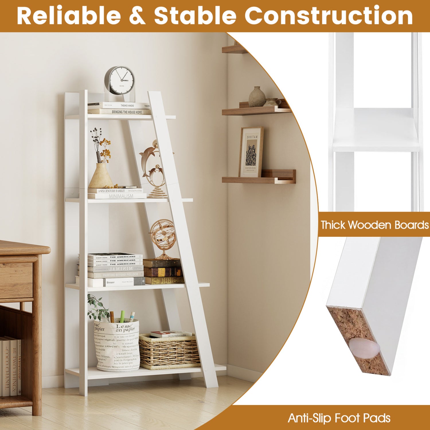 4-Tier Modern Bookshelf Wooden Vertical Display Book Shelf for Small Space-White
