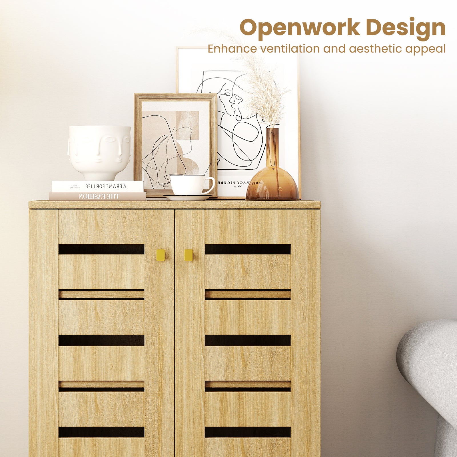 4-Tier Modern Freestanding  Wooden Shoe Cabinet with Doors and Removable Shelves-Oak