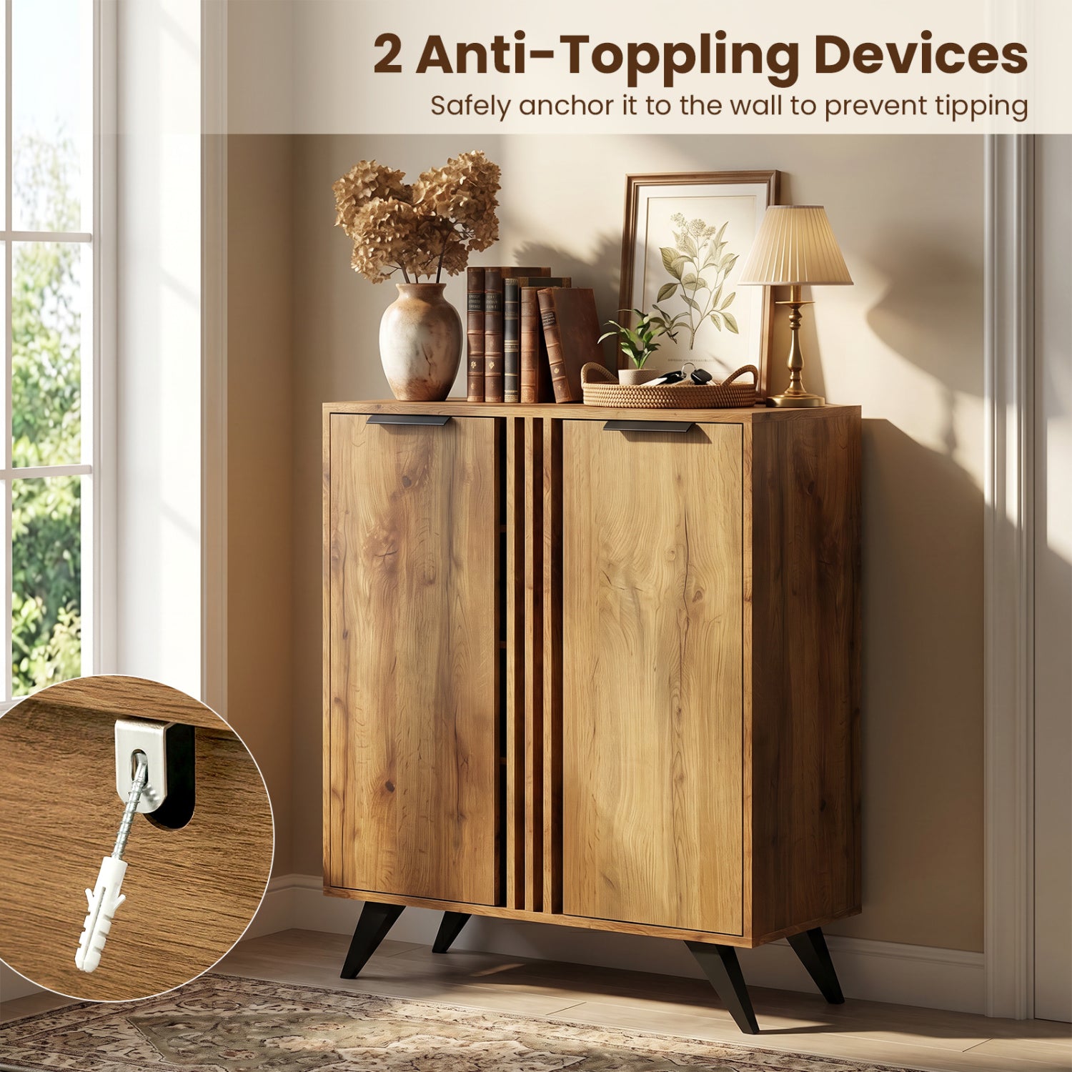 4-Tier Modern Freestanding Hidden Shoe Cabinet with 2 Doors-Natural