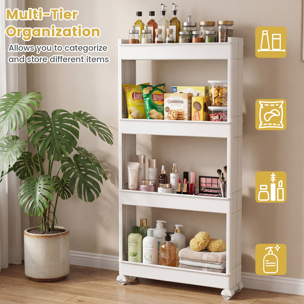 4-Tier Multifunctional Slim Storage Trolley with Detachable Trays-White