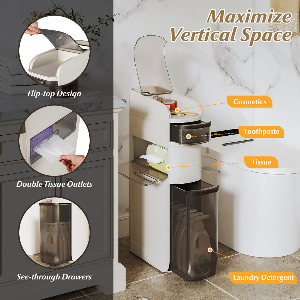 4-Tier Narrow Bathroom Storage Cabinet with Drawers and Tissue Box