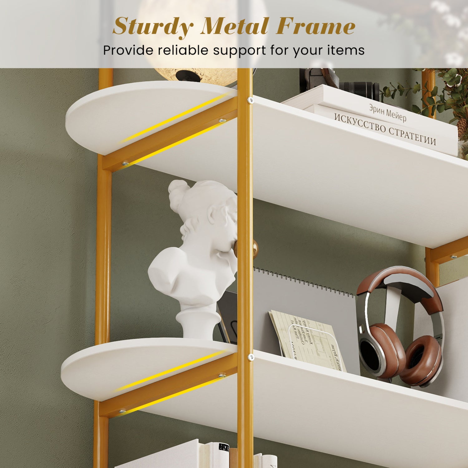4-Tier Open Bookcase with Sturdy Metal Frame for Living Room-White & Golden