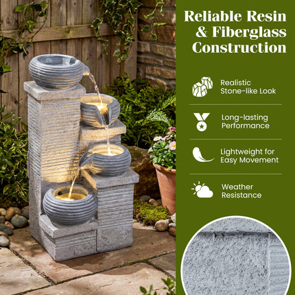 4-Tier Outdoor Water Fountain Cascading Bowl Waterfall Fountain with LED Lights