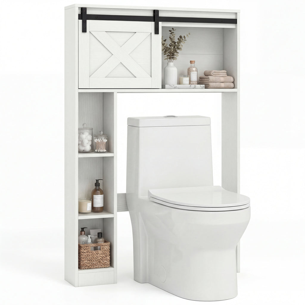 4-Tier Over The Toilet Storage Cabinet with Sliding Barn Door and Storage Shelves-White