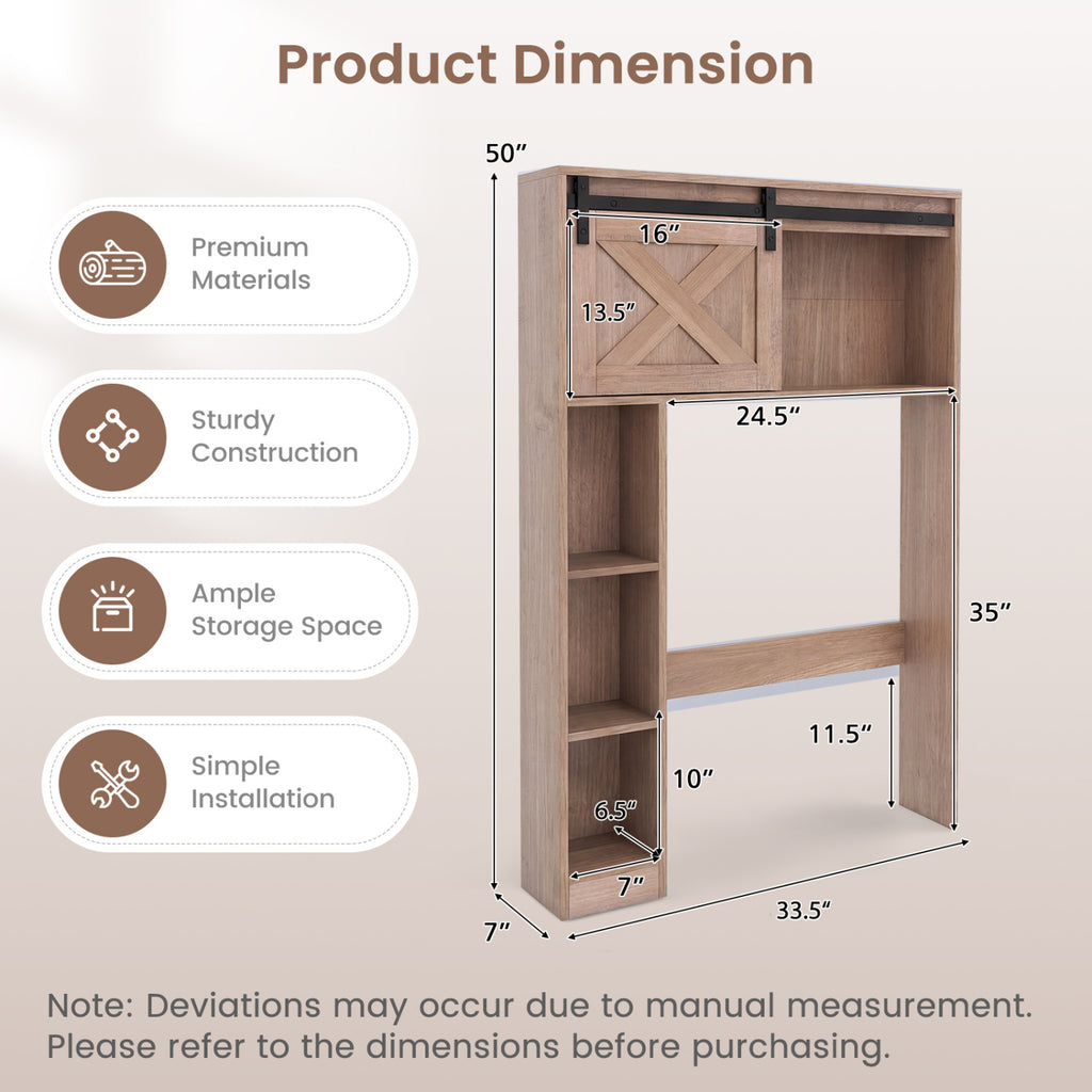 4-Tier Over The Toilet Storage Cabinet with Sliding Barn Door and Storage Shelves-Brown