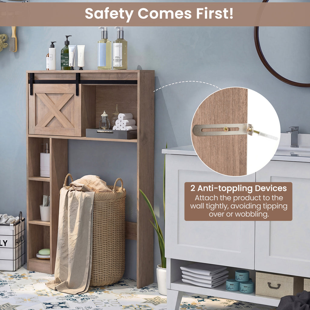 4-Tier Over The Toilet Storage Cabinet with Sliding Barn Door and Storage Shelves-Brown