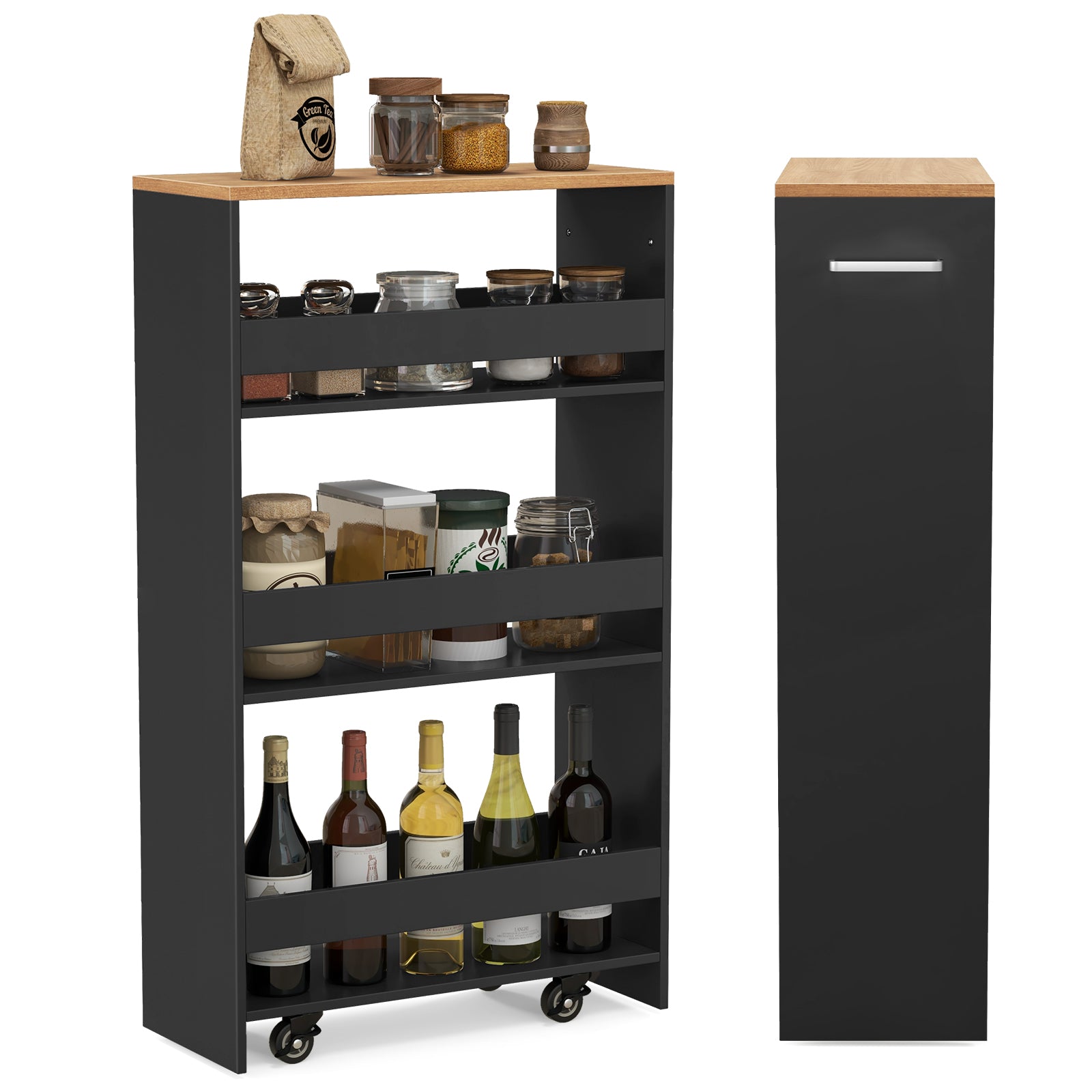 4-Tier Rolling Storage Cart Slim Kitchen Cart on Wheels with Open Shelves and Handle-Black